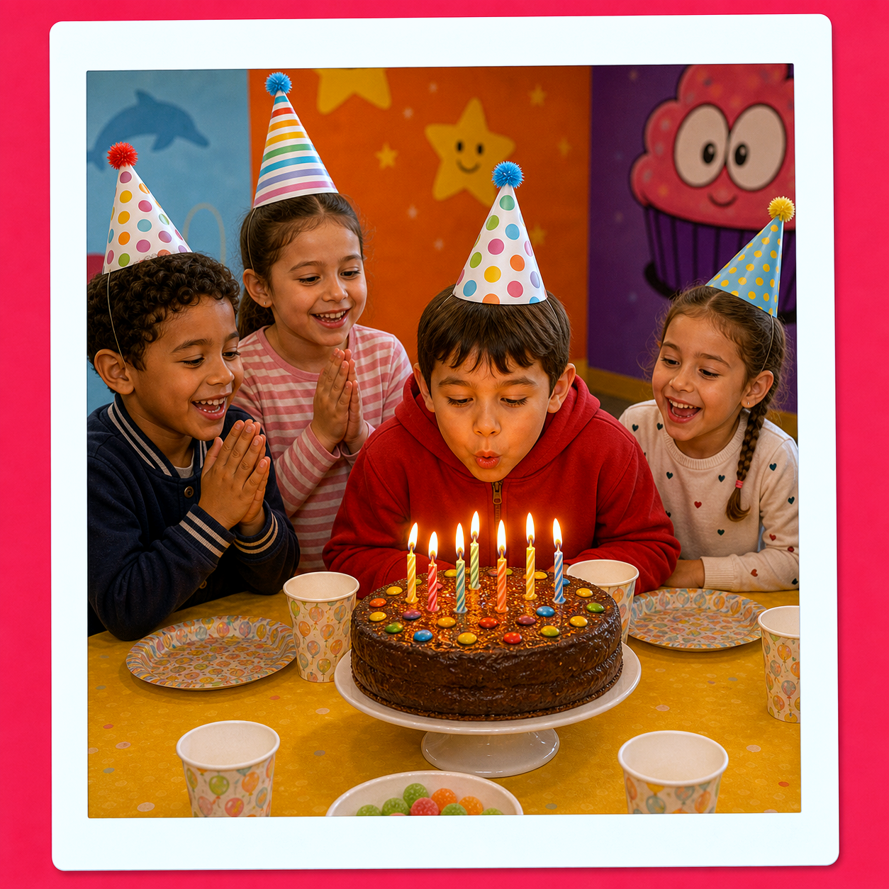 Enfants réunis autour d'une table d'anniversaire décorée