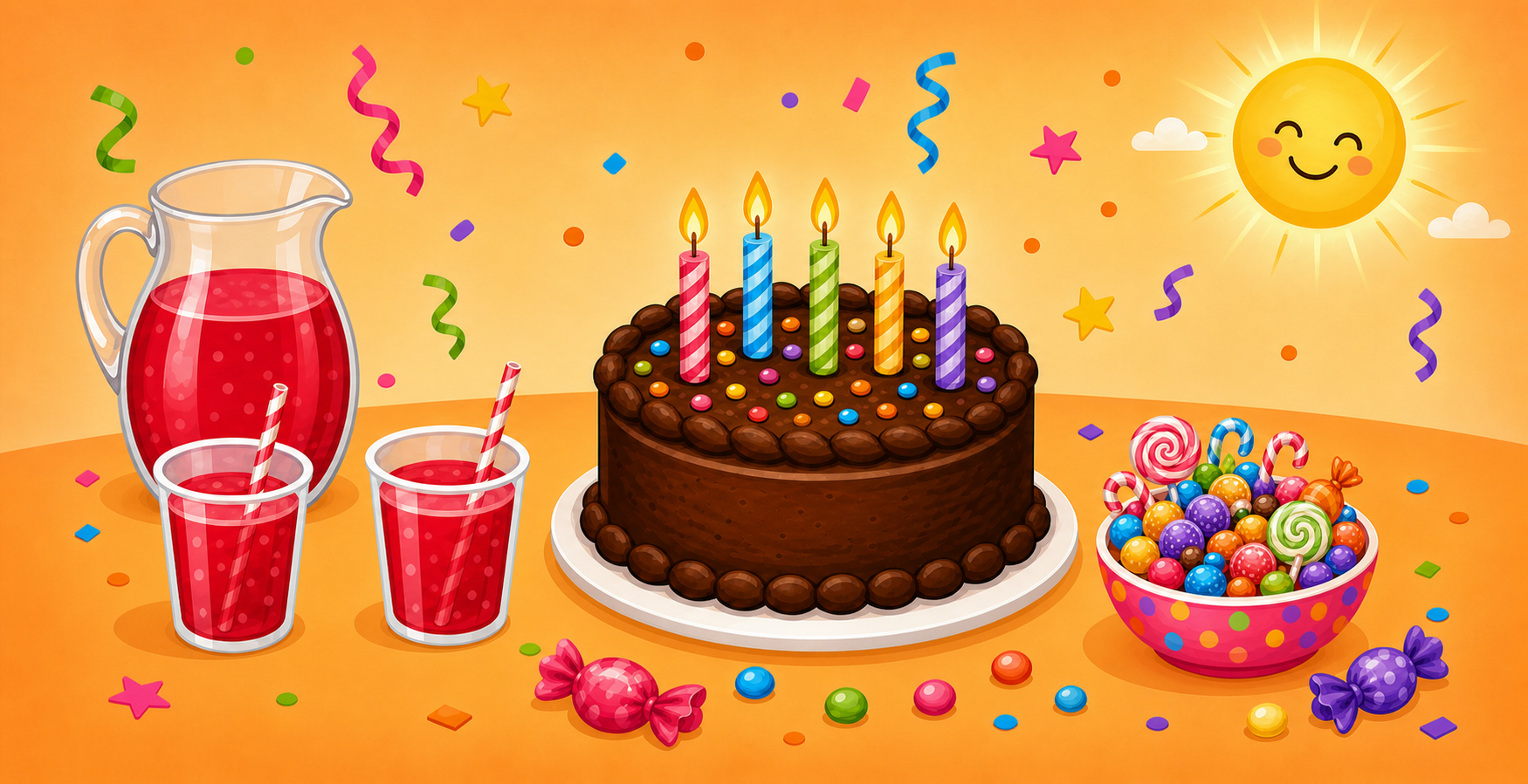 Illustration formule Looping Anniversaire avec gâteau, grenadine et bol de bonbons